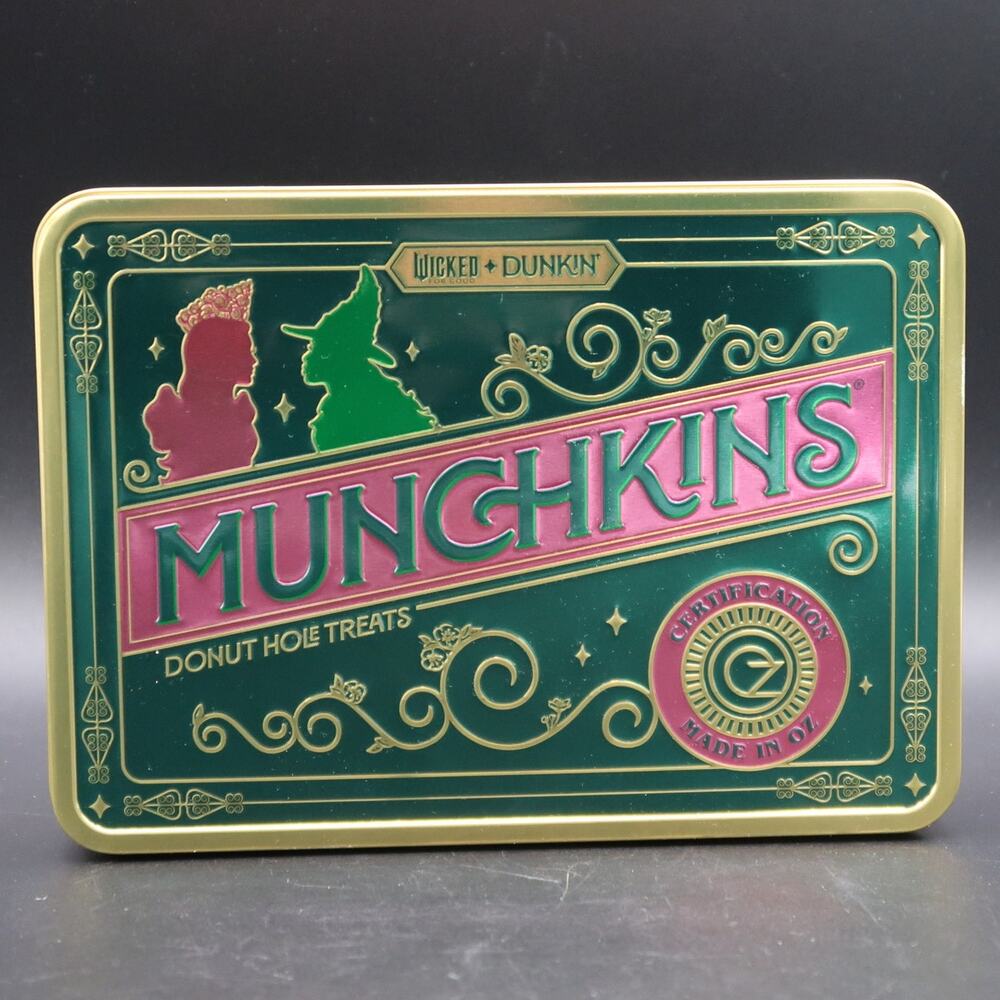 Dunkin Munchkins Wicked Advertising Tin Green Pink Gold 2024 Limited Edition